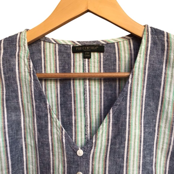 For Cynthia Striped Linen Blend Tie Front Bell Sleeve Crop Shirt - Picture 8 of 9